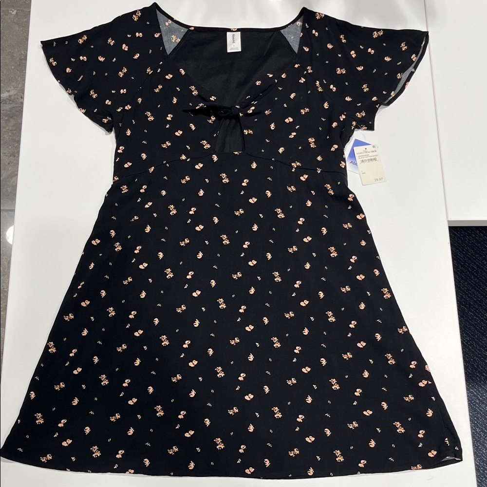 Nordstrom Rack Black Dress with Coral Floral Print and Tie Front